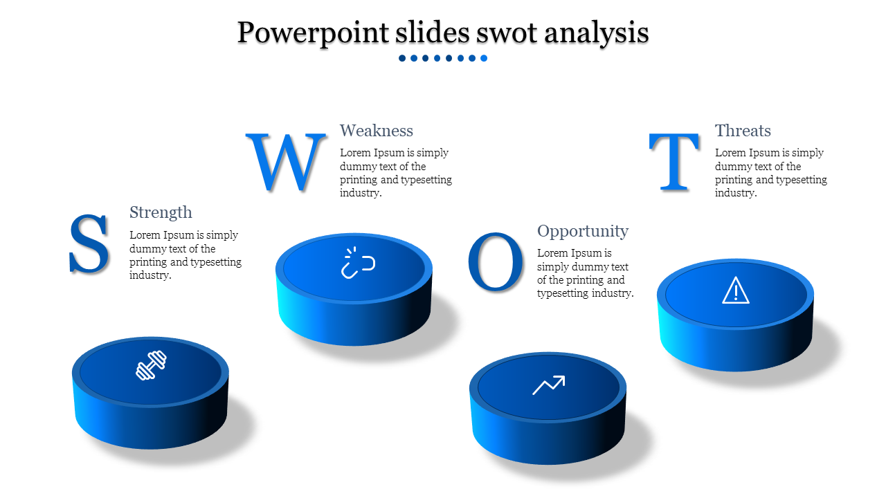 Blue round icons for strengths, weaknesses, opportunities, and threats on a white background.