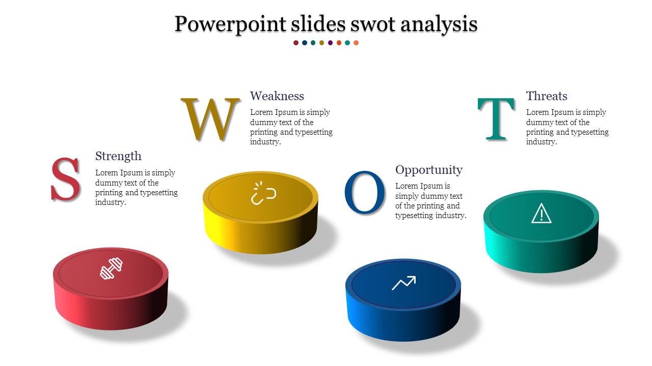 Color coded SWOT slide featuring red, yellow, blue, and green 3D discs, each with icons and descriptive captions.