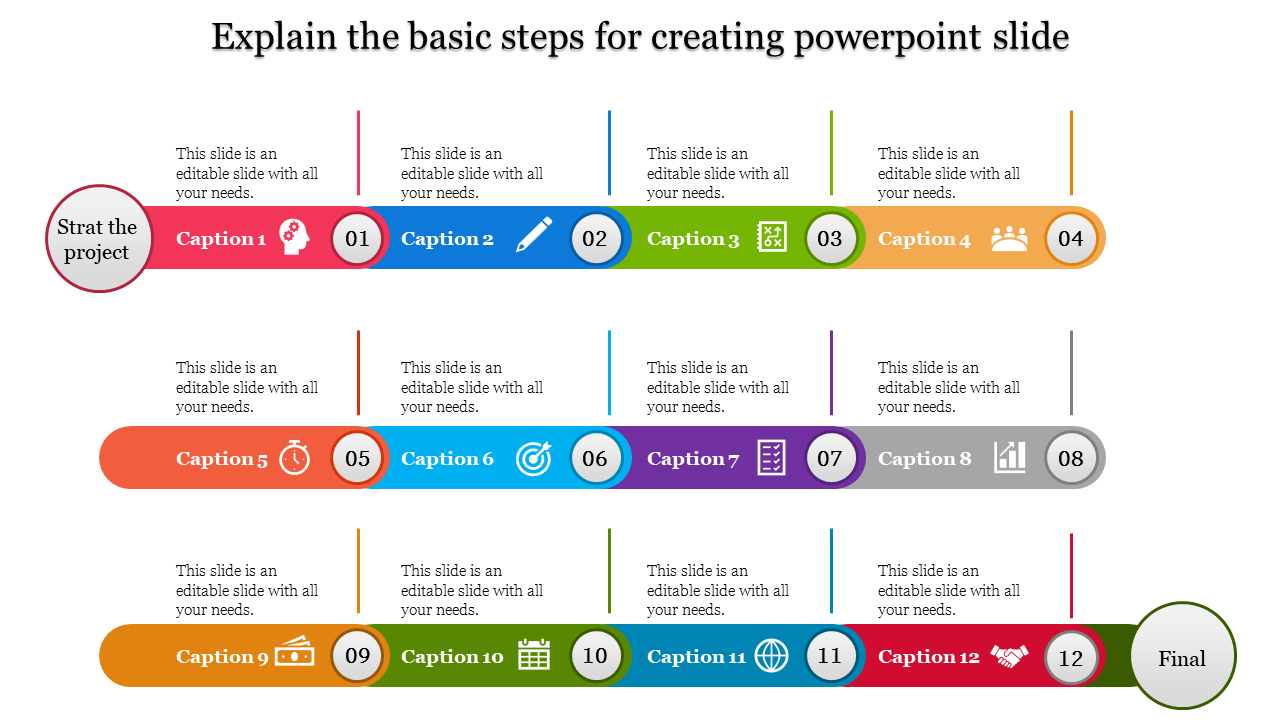 Colorful timeline slide illustrating the basic steps for creating a presentation, featuring twelve colorful captioned steps.