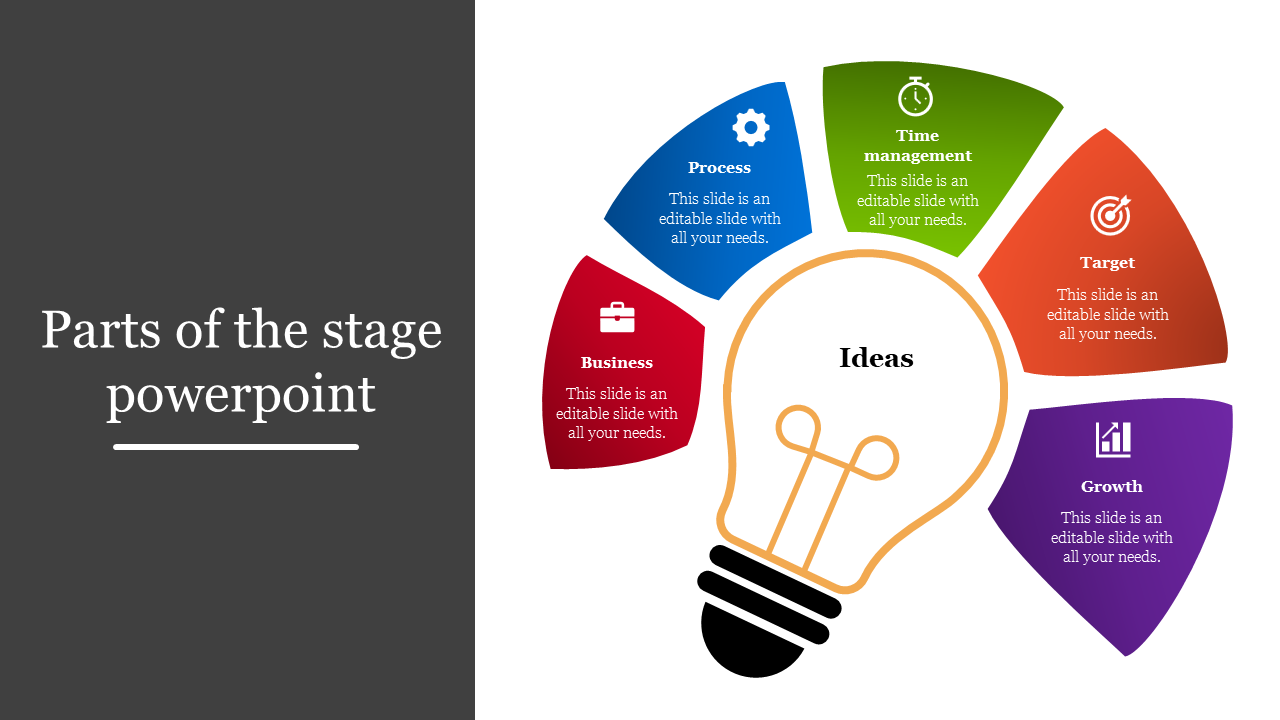 Slide featuring a light bulb surrounded by five segments with color coded icons and placeholder text.