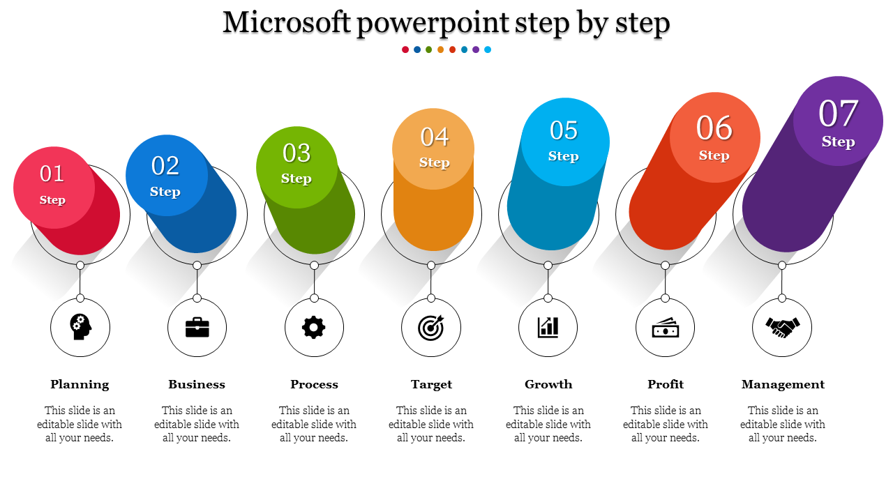 Microsoft slide with seven colored cylinders, each labeled with a number and paired with icons and text below.