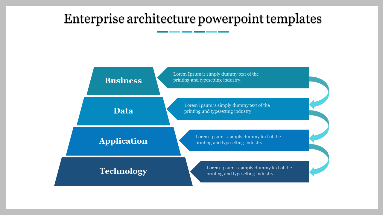 Blue themed stacked layers diagram slide illustrating enterprise architecture with four sections and placeholder text.