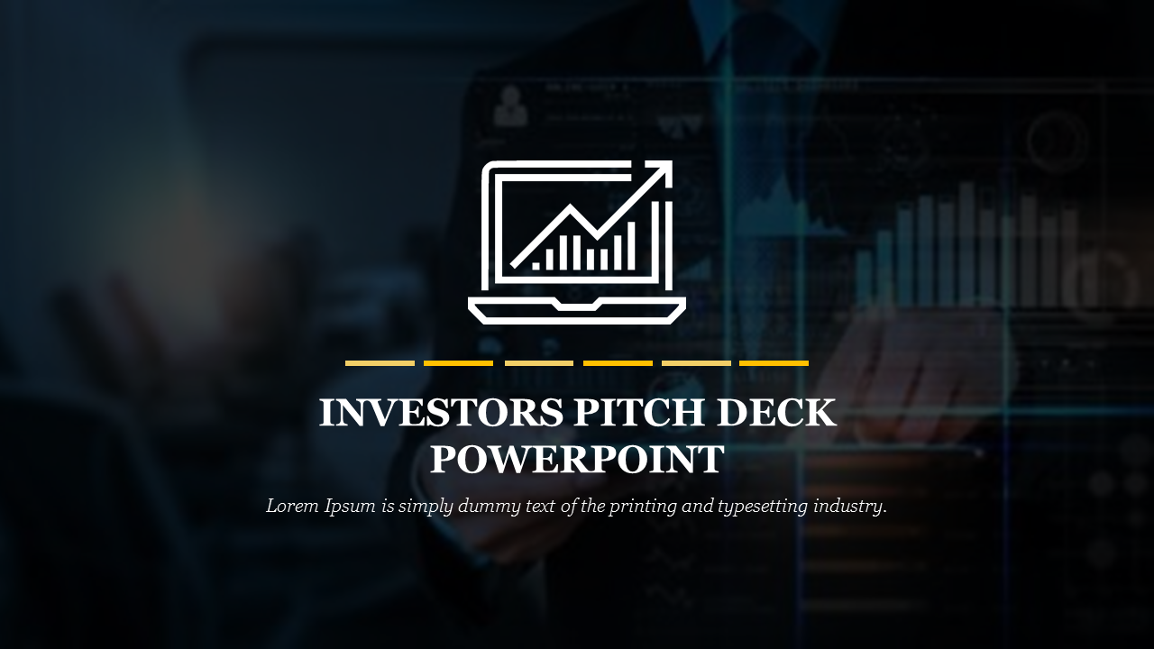 Dark themed investor pitch slide with a graph icon on a laptop and blurred background elements.