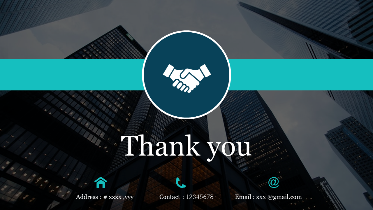 Thank you slide with a handshake icon in a circular blue design, over a cityscape background and teal accents below.