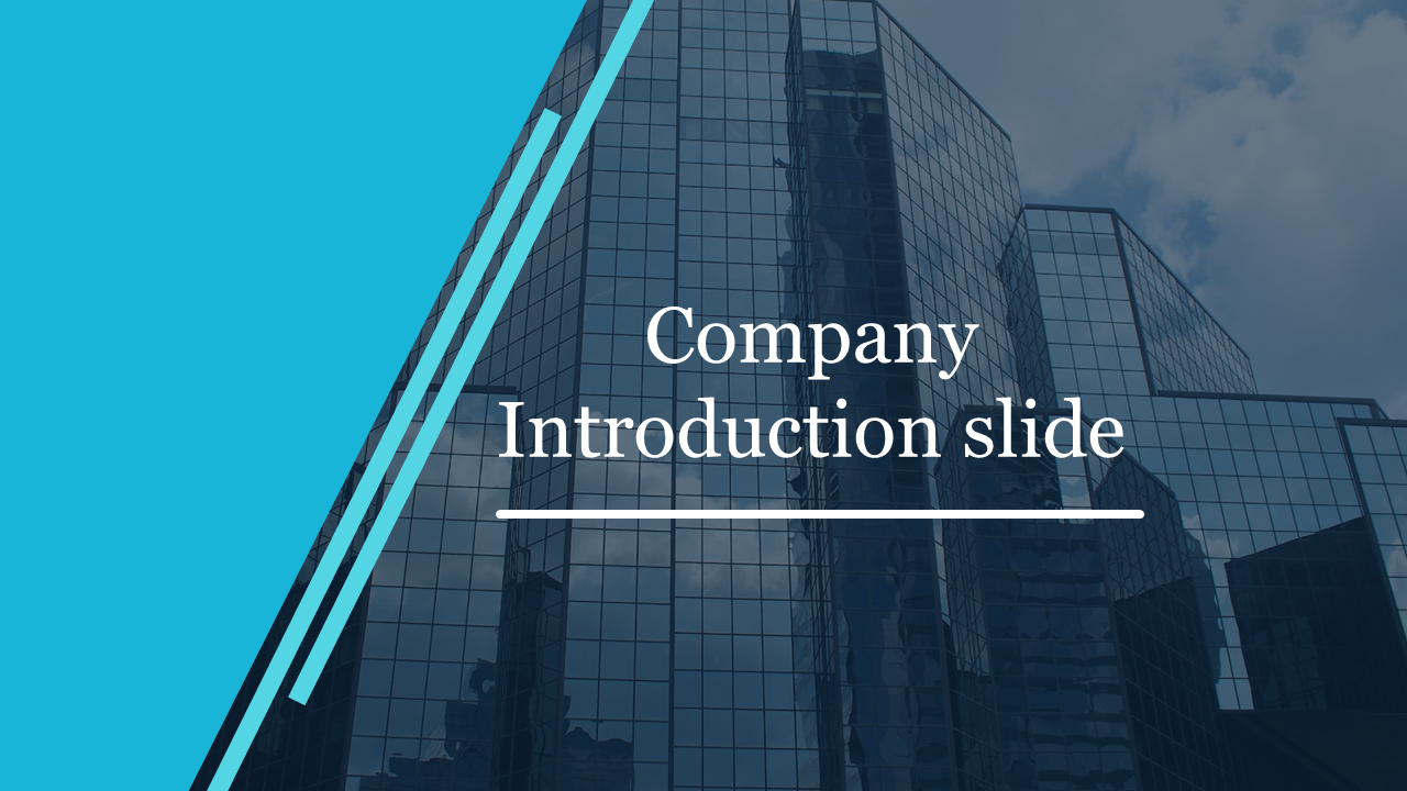 Company slide with a glass building background and blue overlay with diagonal lines for a modern design.