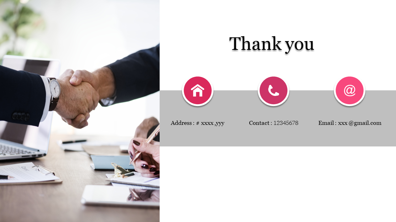 Professional handshake on the left, and a gray contact bar with pink circular icons for address, phone, and email.