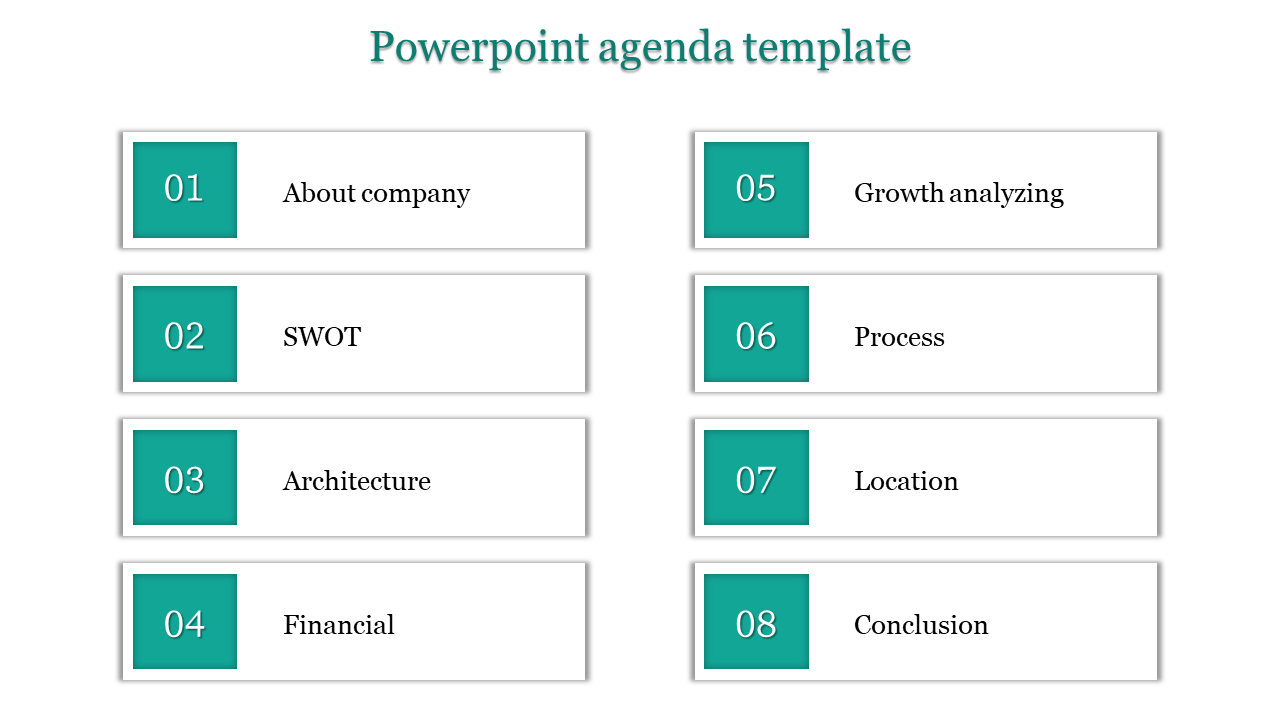 Agenda template with eight items arranged in two columns, each item numbered and labeled.