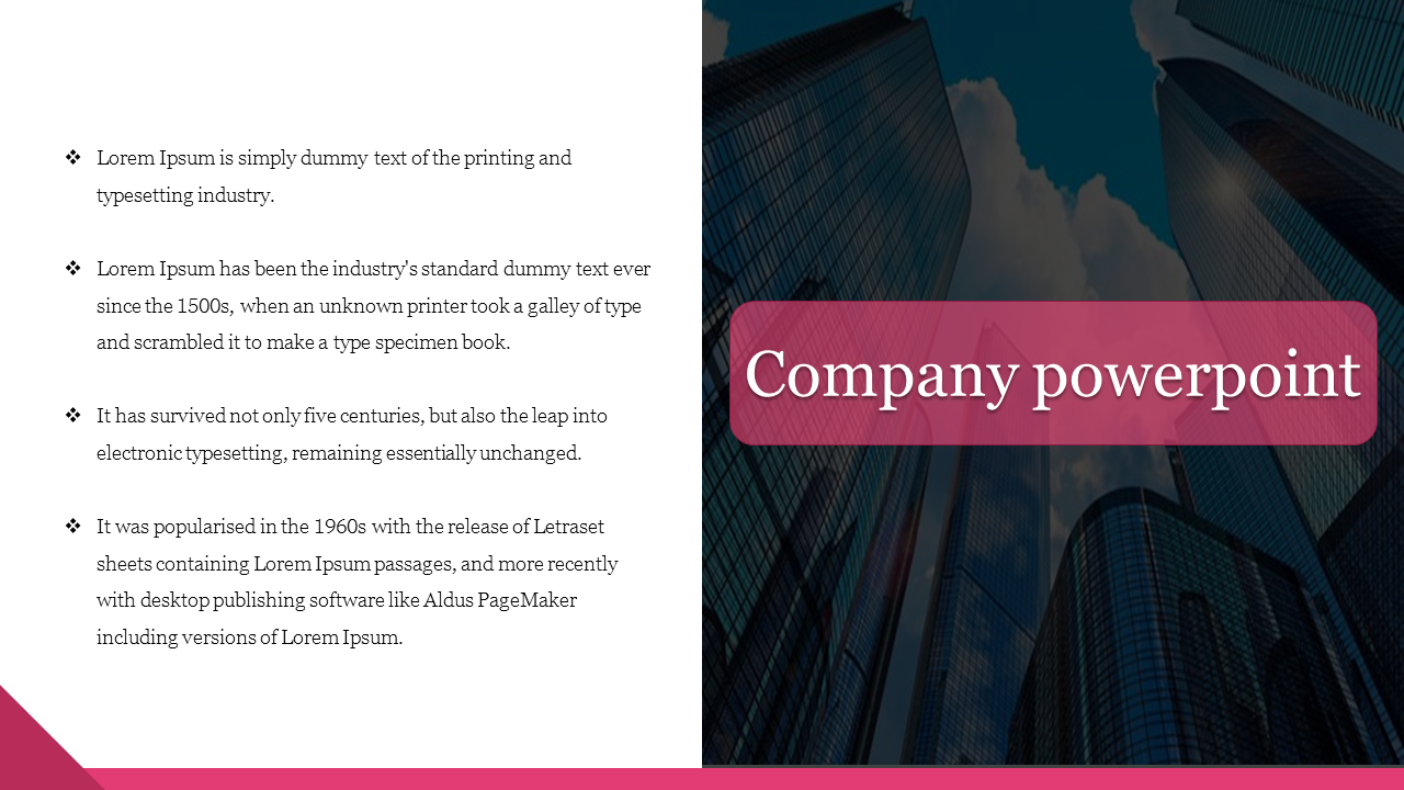 Company slide featuring a dark building background, white text space, and bold pink title overlay.