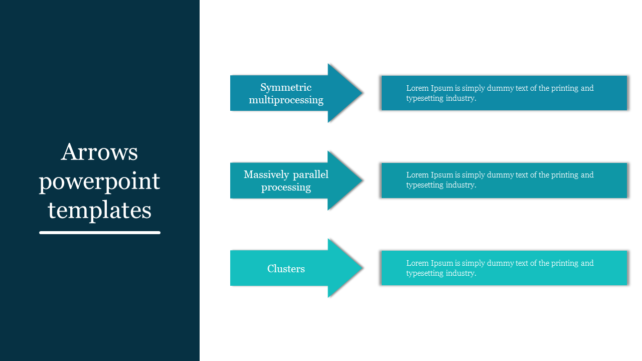 Slide layout featuring three teal arrows pointing right, with text blocks and a navy blue sidebar on the left.