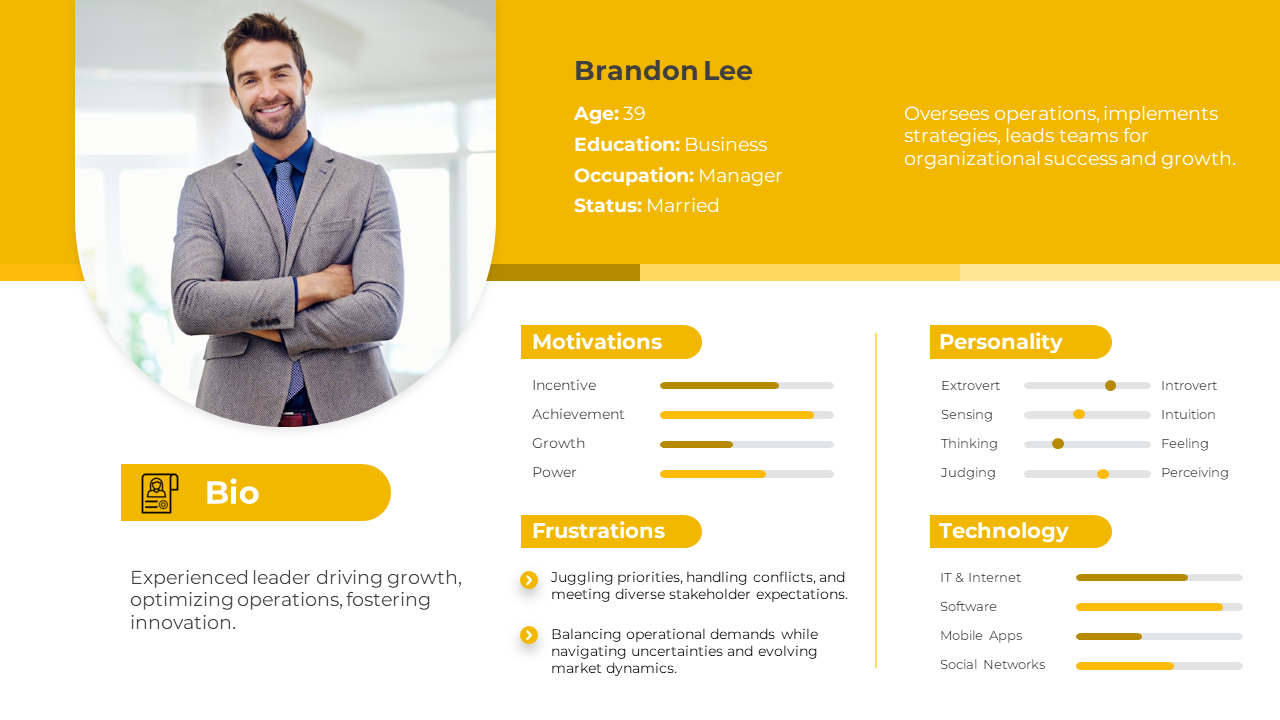 Portfolio slide design with a profile photo of Brandon Lee on the left and categorized details on the right.