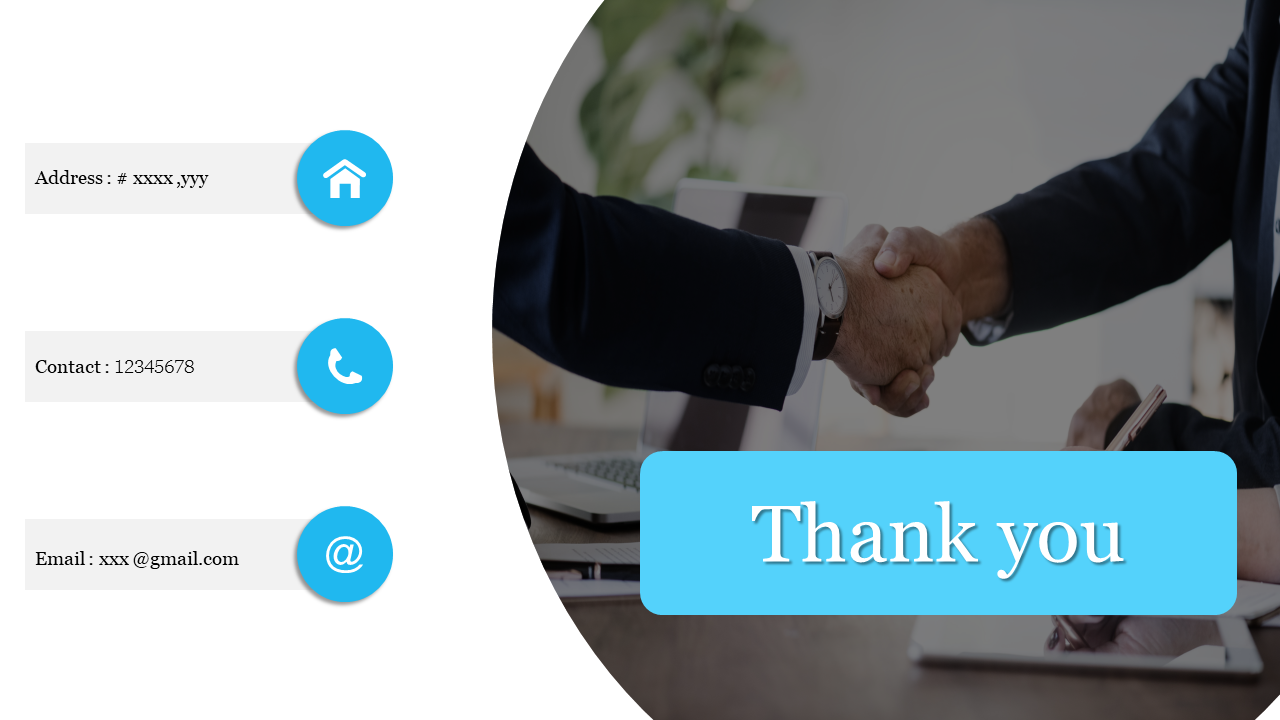 Thank you slide featuring a handshake image with a blue banner on the right and contact details with icons on the left.