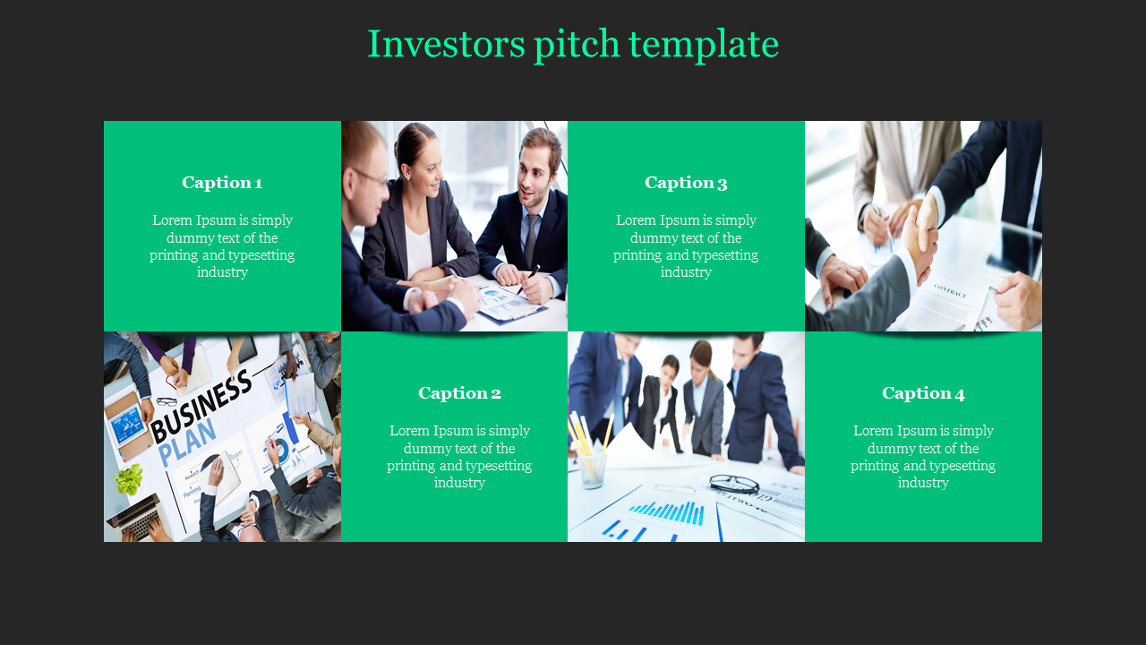 Investor pitch template with a dark background and eight green tinted image and text blocks featuring captions.