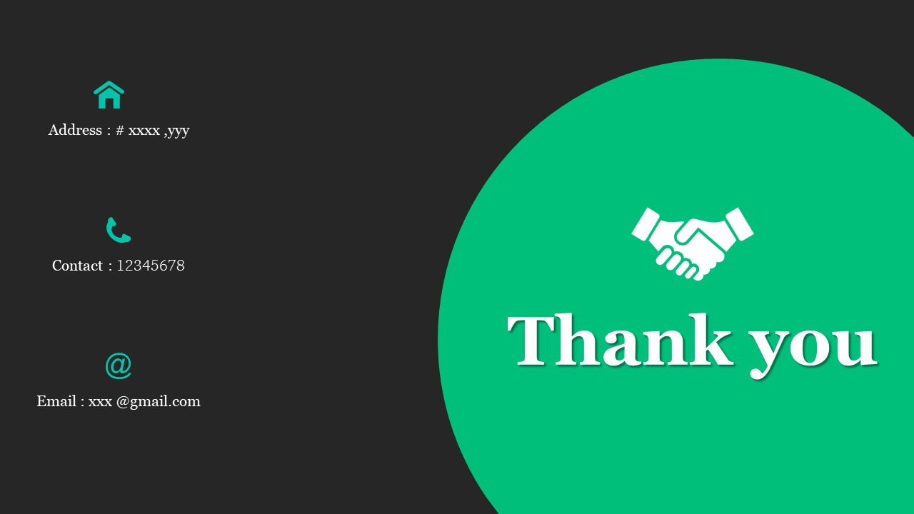 Green overlay circle with a handshake icon and thank you text, with contact information, on a dark background.