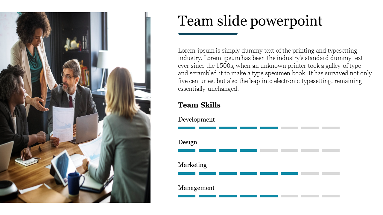 Team working together on a PowerPoint slide with team skills highlighted in the categories with placeholder text.