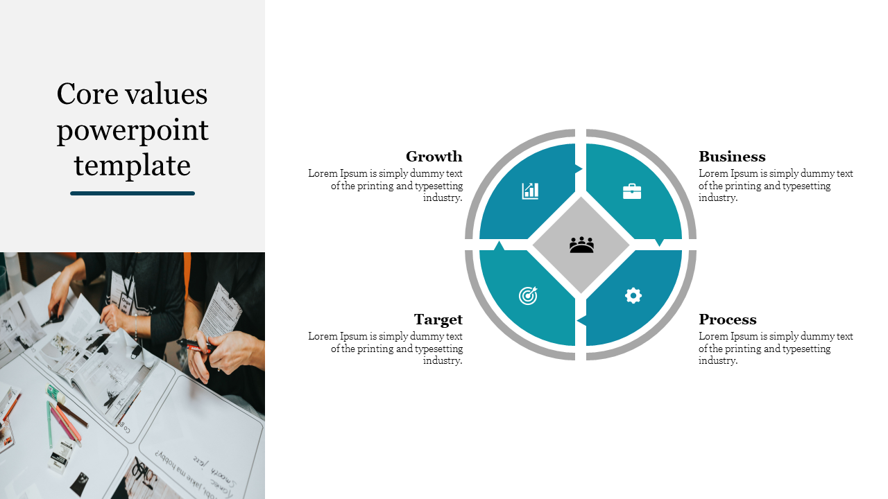 Core values slide featuring an image and blue color circular diagram with four sections with icons and text areas.