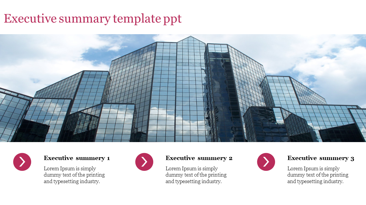 Modern office building with a reflection, accompanied by icons for an executive summary template in a PPT presentation.