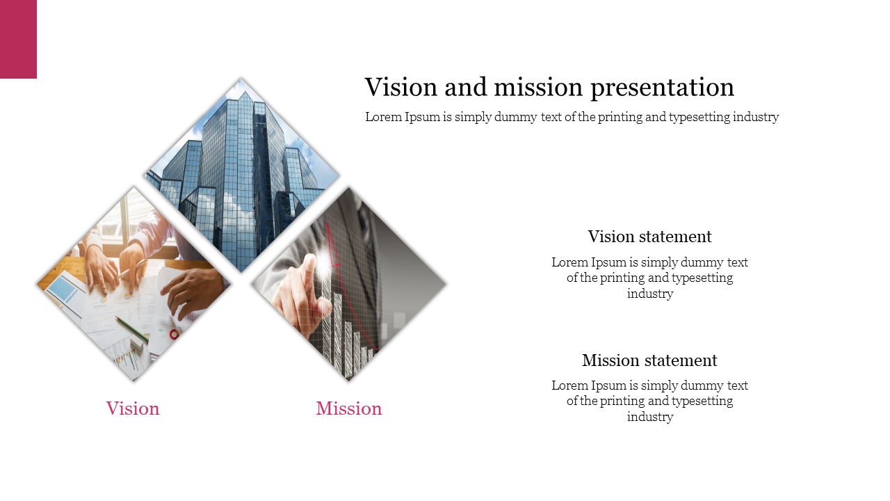 Slide featuring a trio of overlapping diamond shaped images, labeled vision and mission, with descriptions on the right.