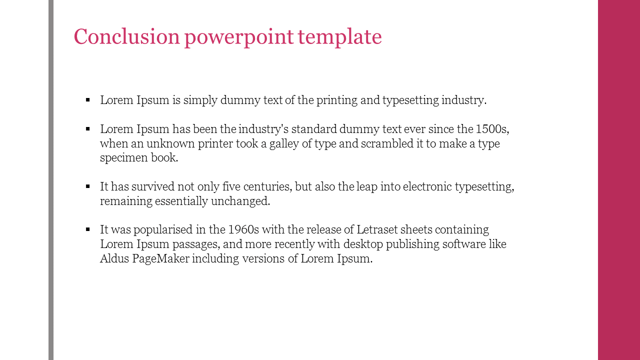 Sleek conclusion template with a layout, featuring a clean design, headline, and organized bullet points with caption area.