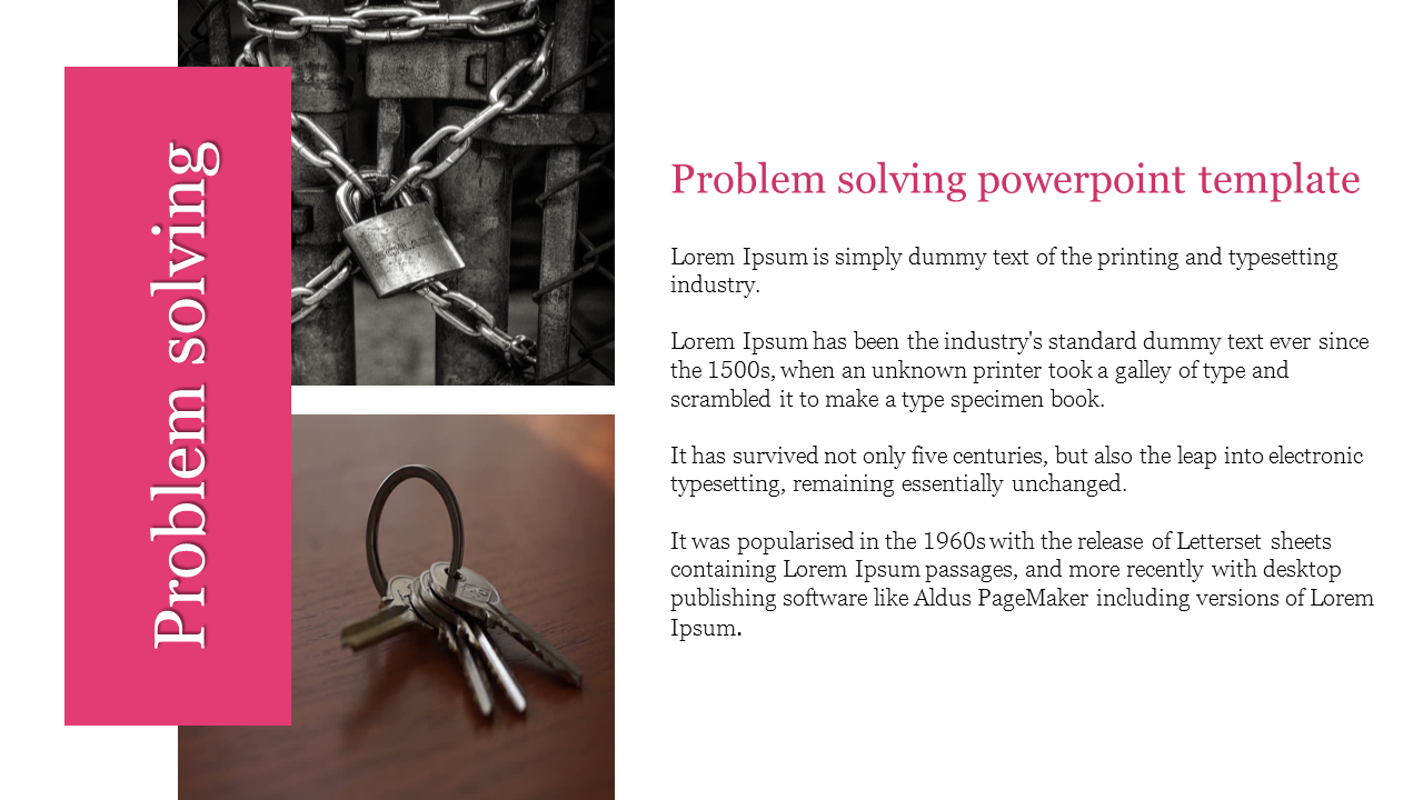 Problem-solving slide with vertical pink sidebar, lock and key visuals, and placeholder text areas.