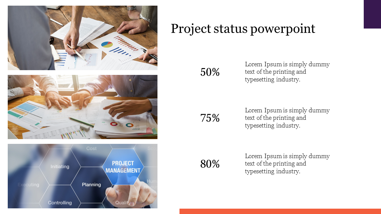 Project status template showing teamwork visuals and text indicators of progress percentages on the right.