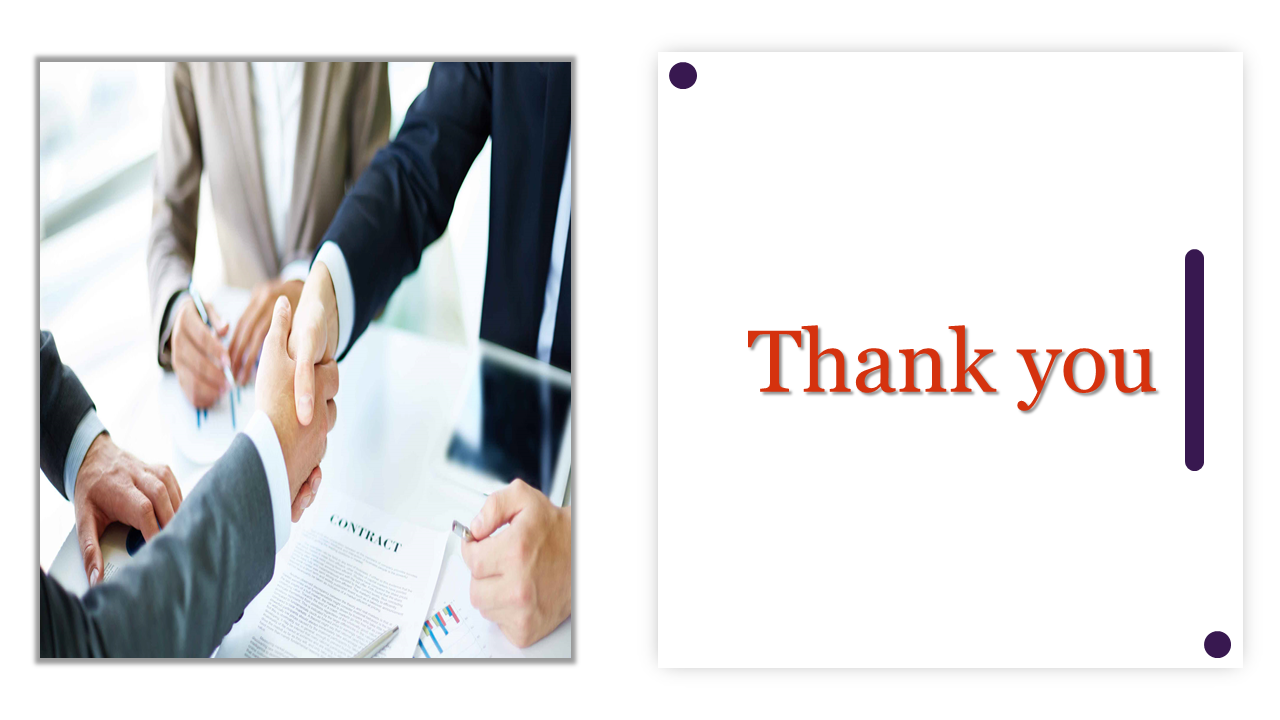 Thank you slide with handshake imagery and bold text, suitable for concluding professional or business presentations.