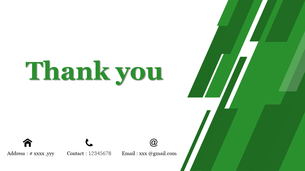 Thank you slide with green diagonal stripes and contact information at the bottom.