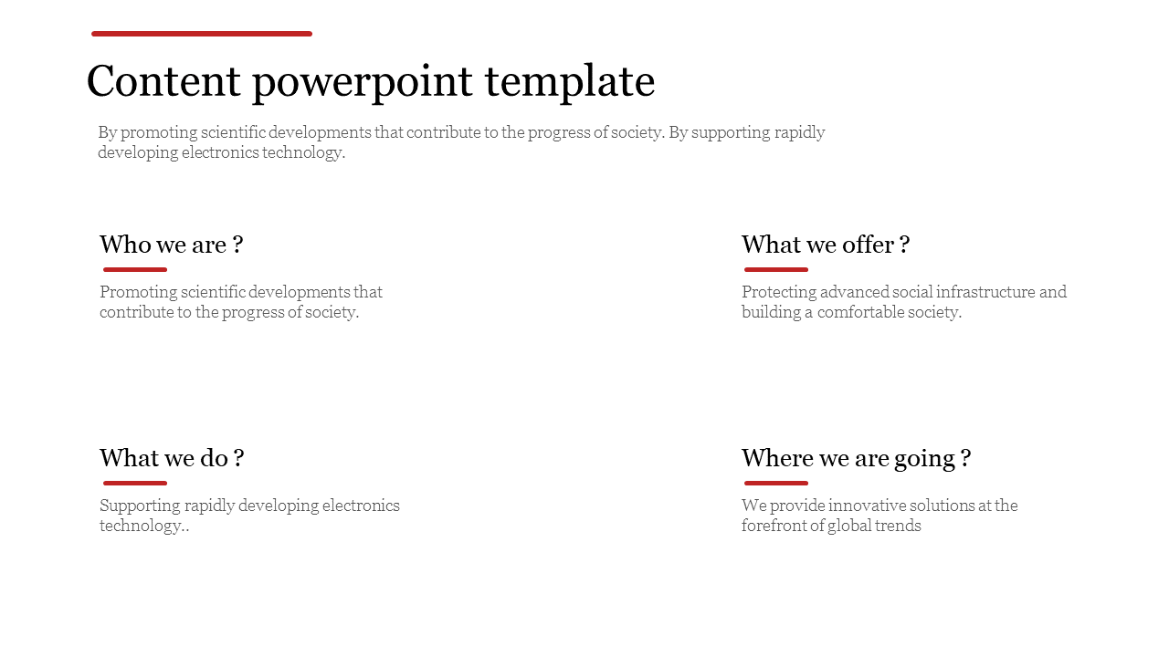 Minimalist content slide with four quadrants for organizational descriptions and a bold title at the top.