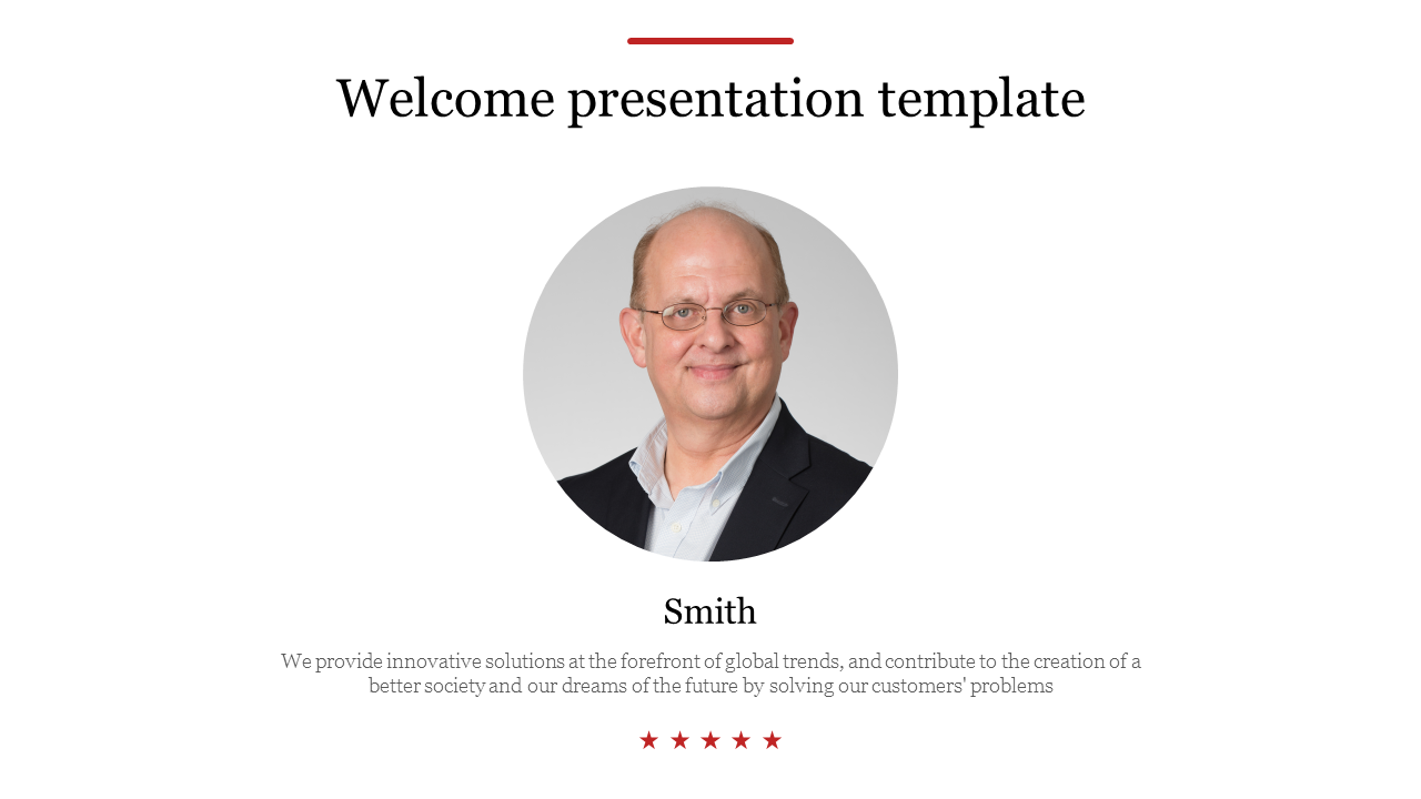 Welcome template featuring a centered portrait, name, and brief bio description with star ratings.