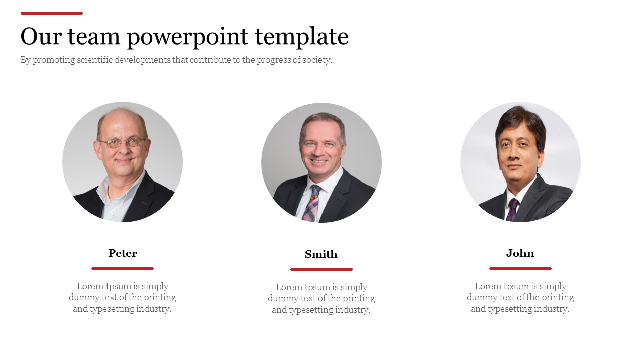 Team slide featuring three circular profile images of professionals aligned horizontally with names and descriptions below.