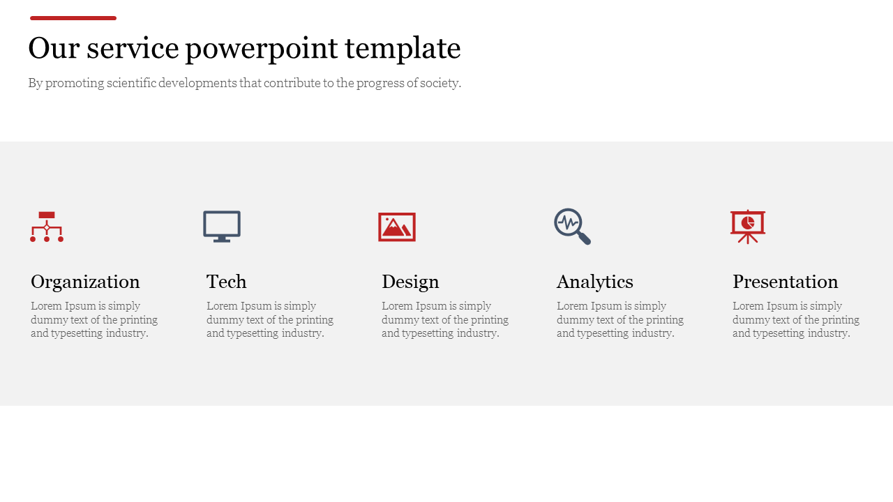 Slide featuring a white and gray background with five services displayed horizontally with red and blue icons.