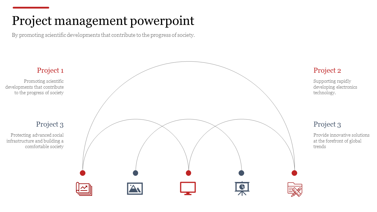 Slide showcasing four project titles in red and blue, linked to five icons by curved lines on a white background.