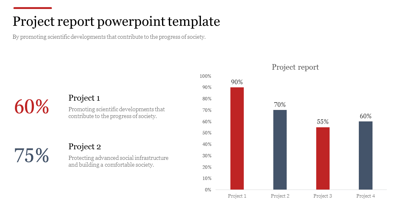 Project report layout with altenating red and blue bar charts and two percentage values on the left.