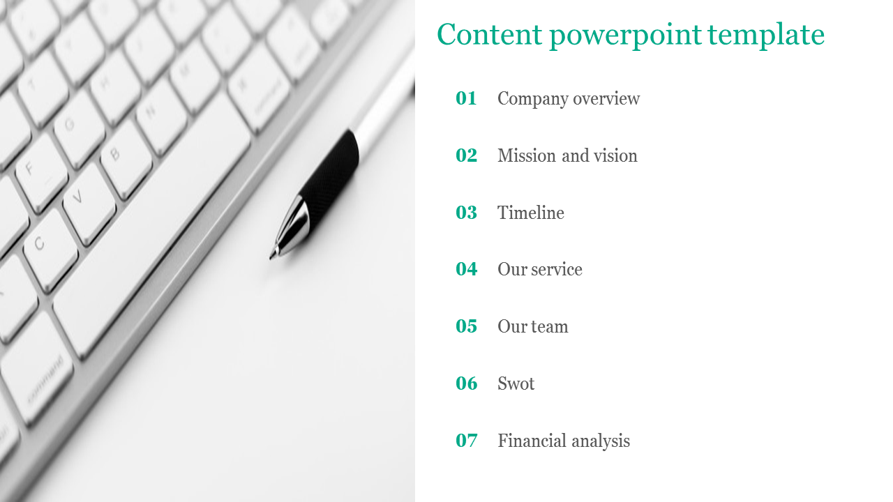 Content slide with a white keyboard and pen on the left and a numbered list of seven items on the right.