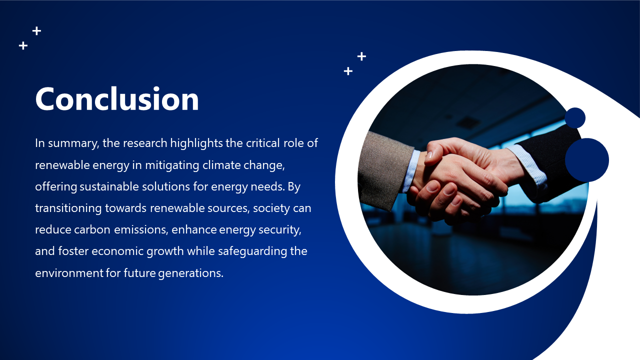 A slide showing a conclusion section with a handshake alongside text on renewable energy with a dark blue backdrop.