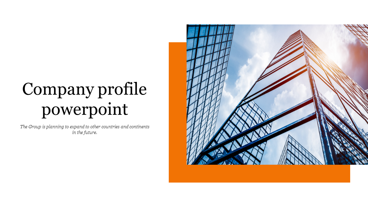 Slide with a large skyscraper image on the right framed by an orange border, and text on a white background to the left.