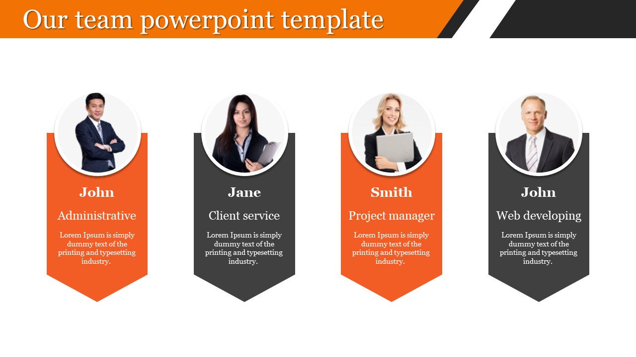 Four profile images of team members arranged in vertical banners of orange and black, each with photo, name, and role.