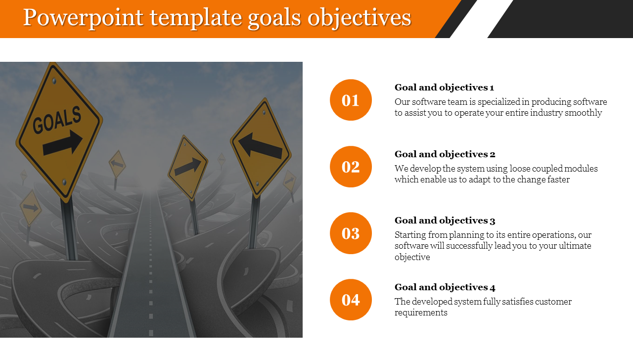 Goals and objectives slide with road signs image on the left and four orange numbered objectives listed on the right.