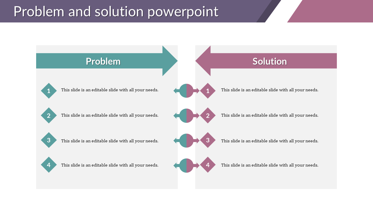 Slide with teal arrow labeled Problem on the left and maroon arrow labeled Solution on the right each with caption areas.