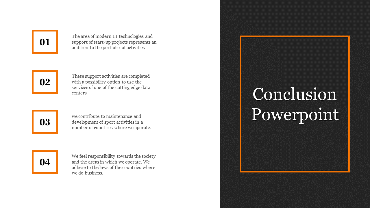 PowerPoint conclusion slide in a black and orange design background, showing four main points caption area to the left.