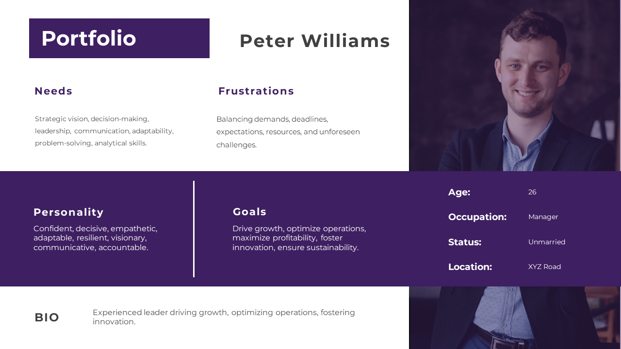 Portfolio slide including personal details, key skills, challenges, and goals, with a profile photo on the right.