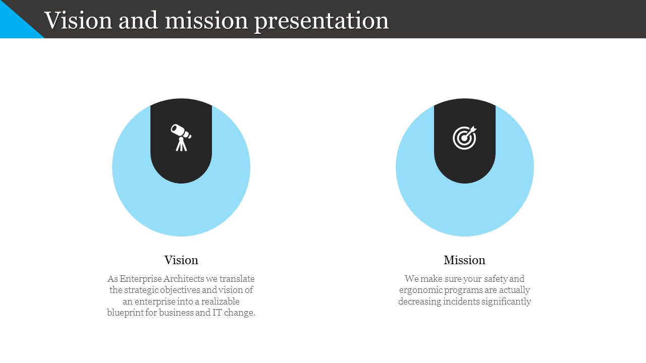 Two-column design for Vision and Mission, each with a blue circular design and icons representing strategic focus.