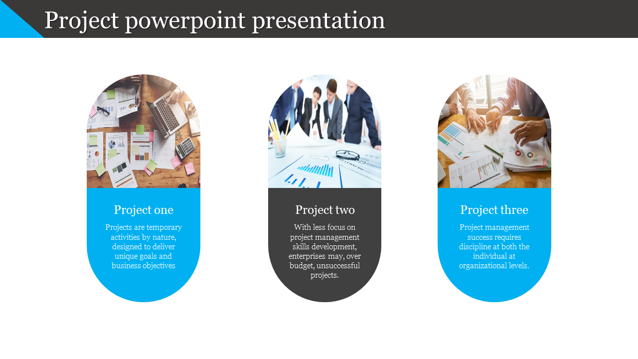 A PPT slide with three sections describing different aspects of project management, accompanied by images of people working.