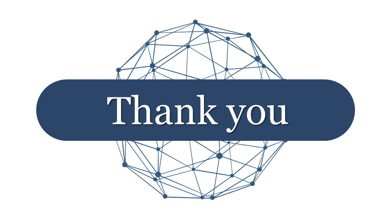 Thank you slide with a navy blue oval containing text, over a geometric globe made of lines and dots, on a white background.