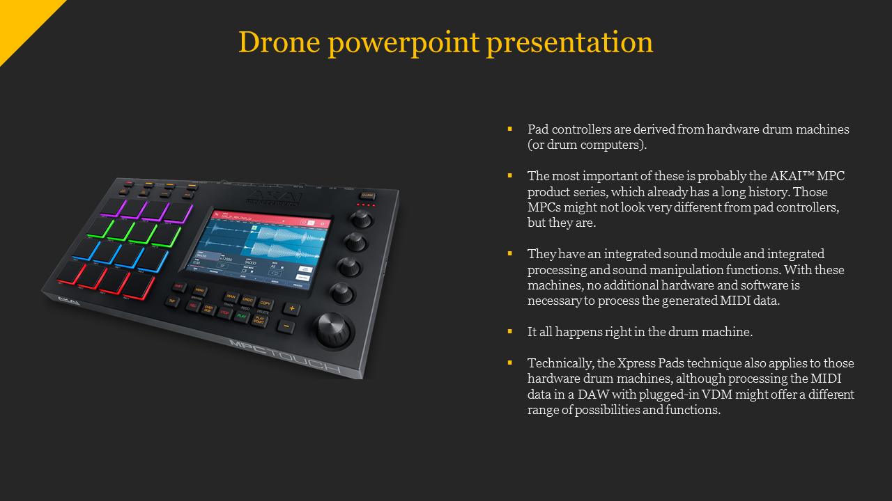 Drone PPT slide featuring an image of a pad controller device with text explaining its functions and relationship.