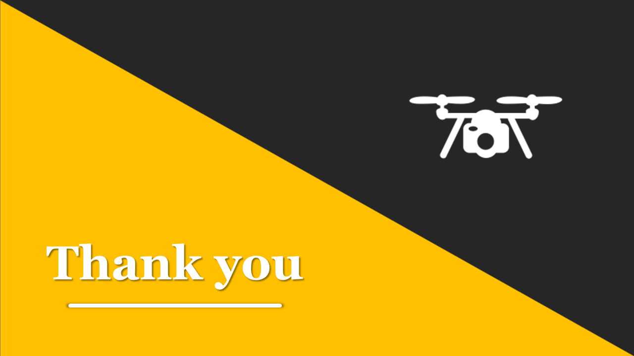 Thank you slide featuring bold text on a diagonal split background of yellow and black, accompanied by a drone graphic.