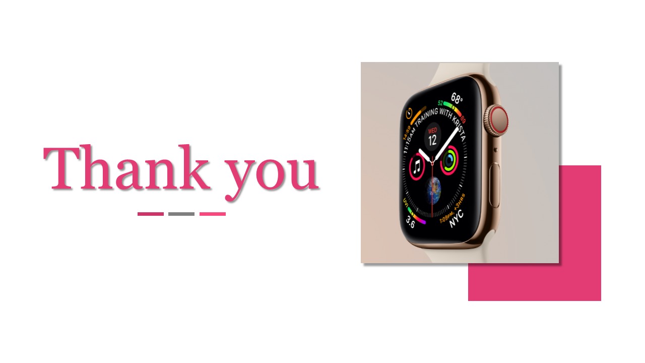 Slide with title in pink and a gold smartwatch image on the right, with a overlapping pink square.