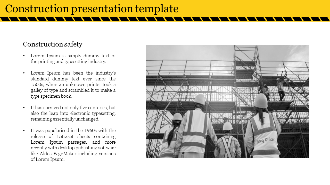 Construction slide with a safety text list on the left and a black and white image of workers on scaffolding on the right.