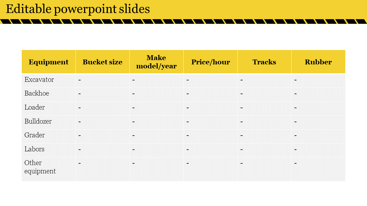 Construction themed slide featuring a table for equipment data with yellow headers and a caution striped banner.