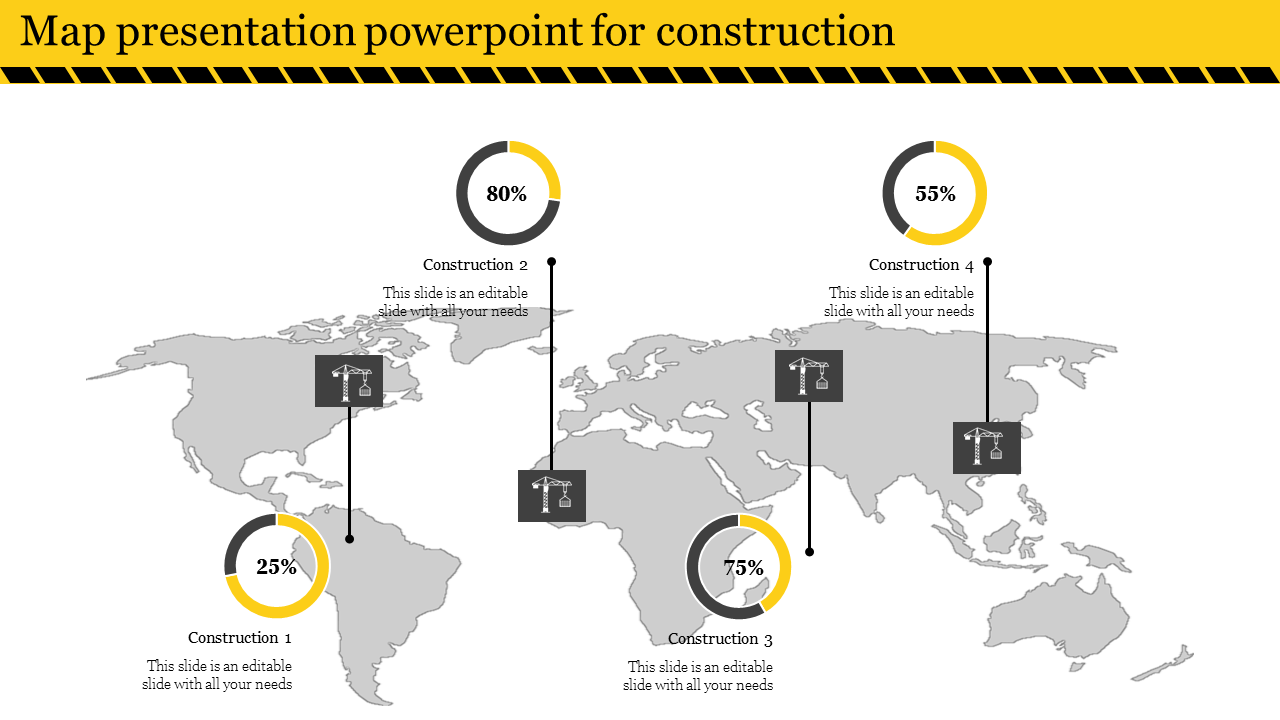 Map presentation slide with a construction theme, featuring a world map and percentage indicators for different regions.