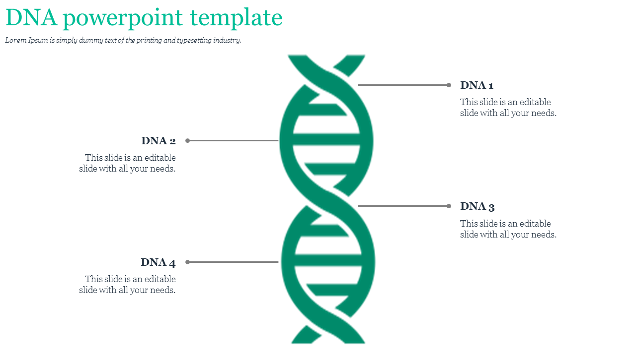 Illustration of a green DNA double helix with four labeled sections with placeholder text.